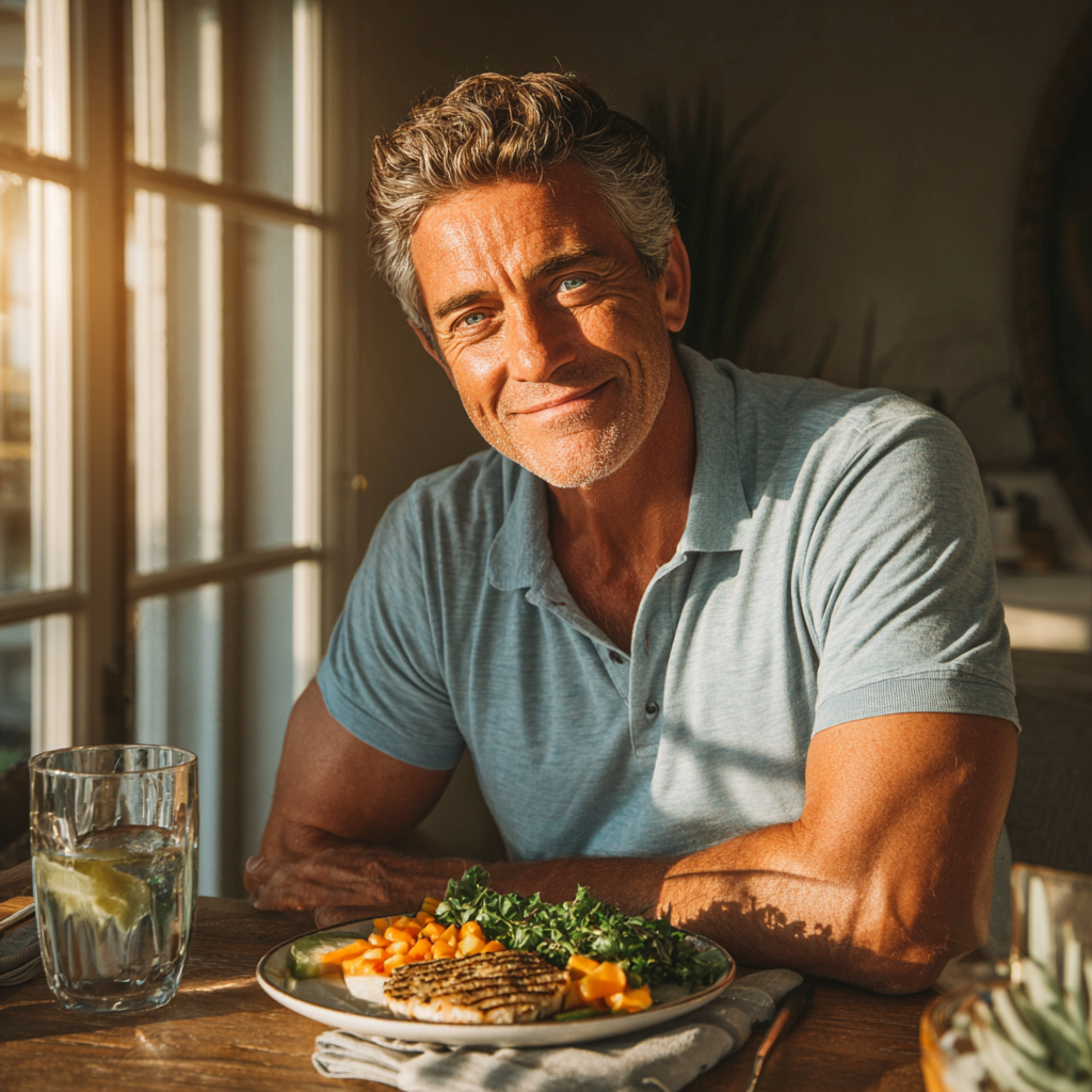 A fit man in his early 50s with salt-and-pepper hair and a warm smile, sitting at a dining table enjoying a balanced meal of grilled fish, quinoa and steamed vegetables, dressed casually in a light blue polo shirt, natural daylight coming through a window